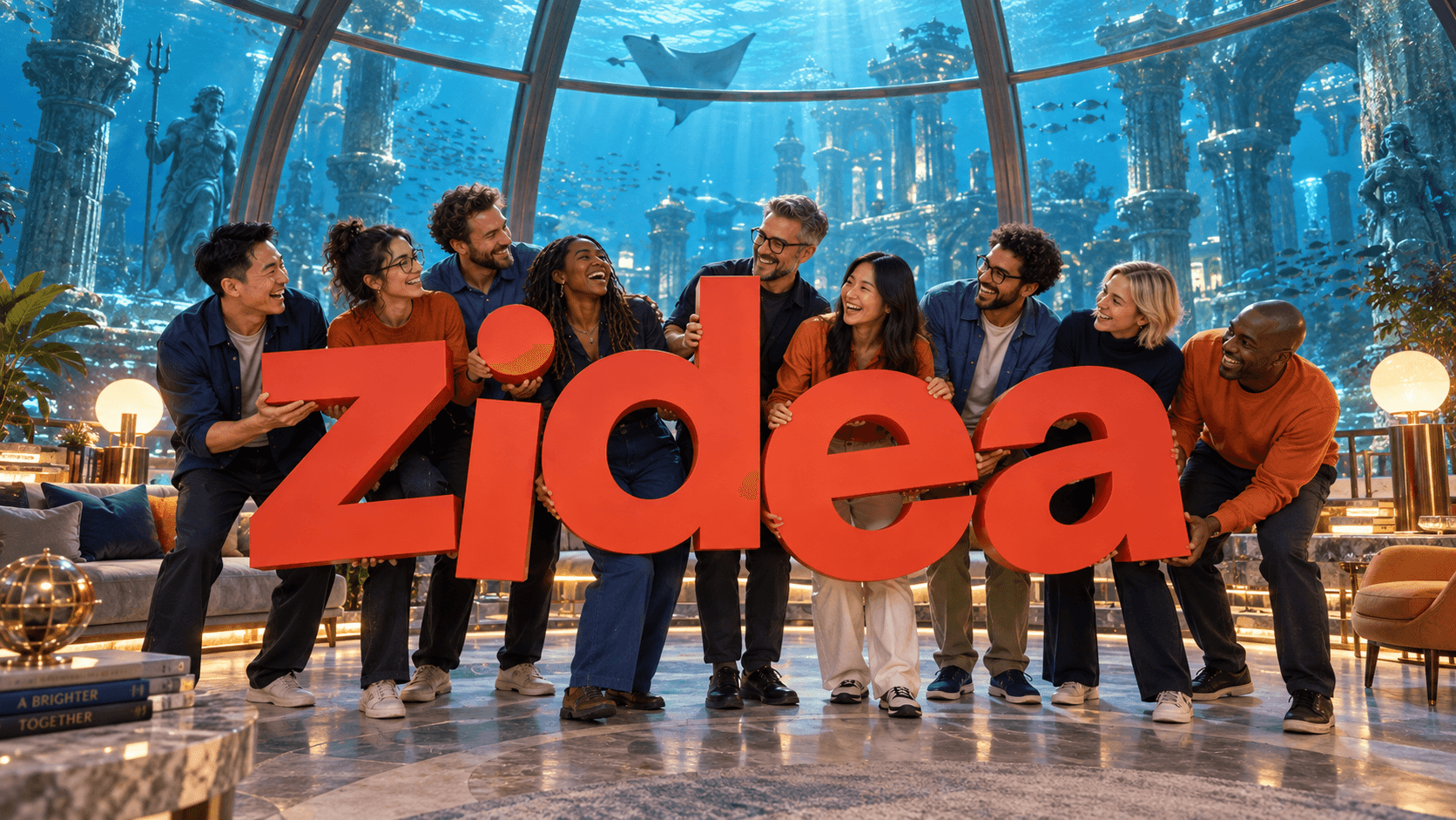 AI-generated fictional office photograph. Coworkers hold orange zidea letters inside a dry glass dome surrounded by underwater Atlantean ruins and marine life.