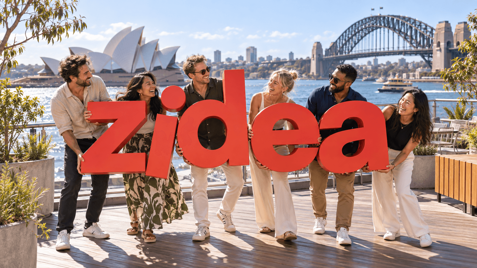 AI-generated fictional office photograph. Six coworkers hold orange zidea letters beside Sydney Harbour, with the Opera House and Harbour Bridge behind them.