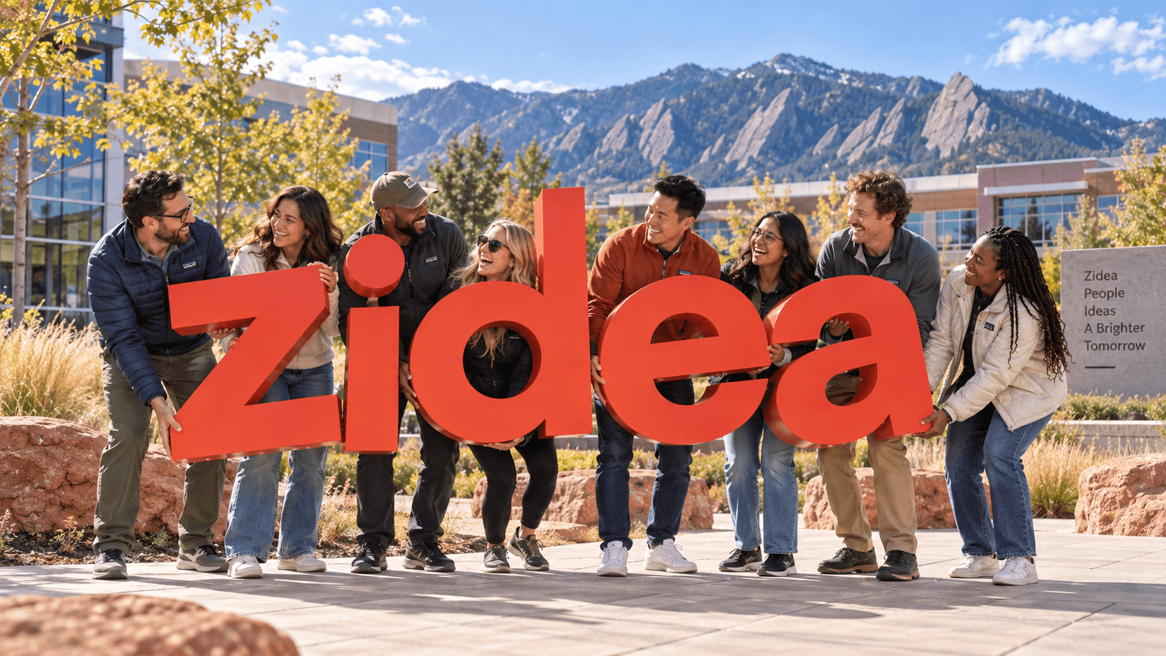 AI-generated fictional office photograph. Eight coworkers hold orange zidea letters at a Colorado office campus with the Flatirons behind them.