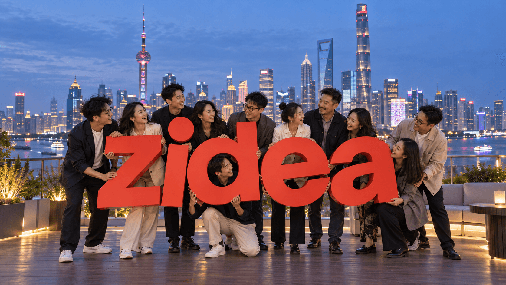 AI-generated fictional office photograph. The Shanghai team holds giant orange zidea letters on a rooftop overlooking the illuminated Pudong skyline.