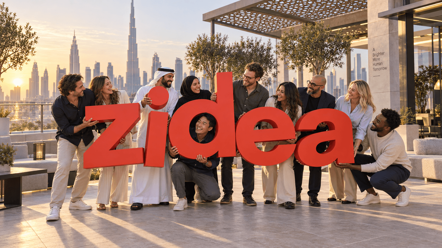 AI-generated fictional office photograph. An international team holds orange zidea letters on a Dubai terrace overlooking the Burj Khalifa.