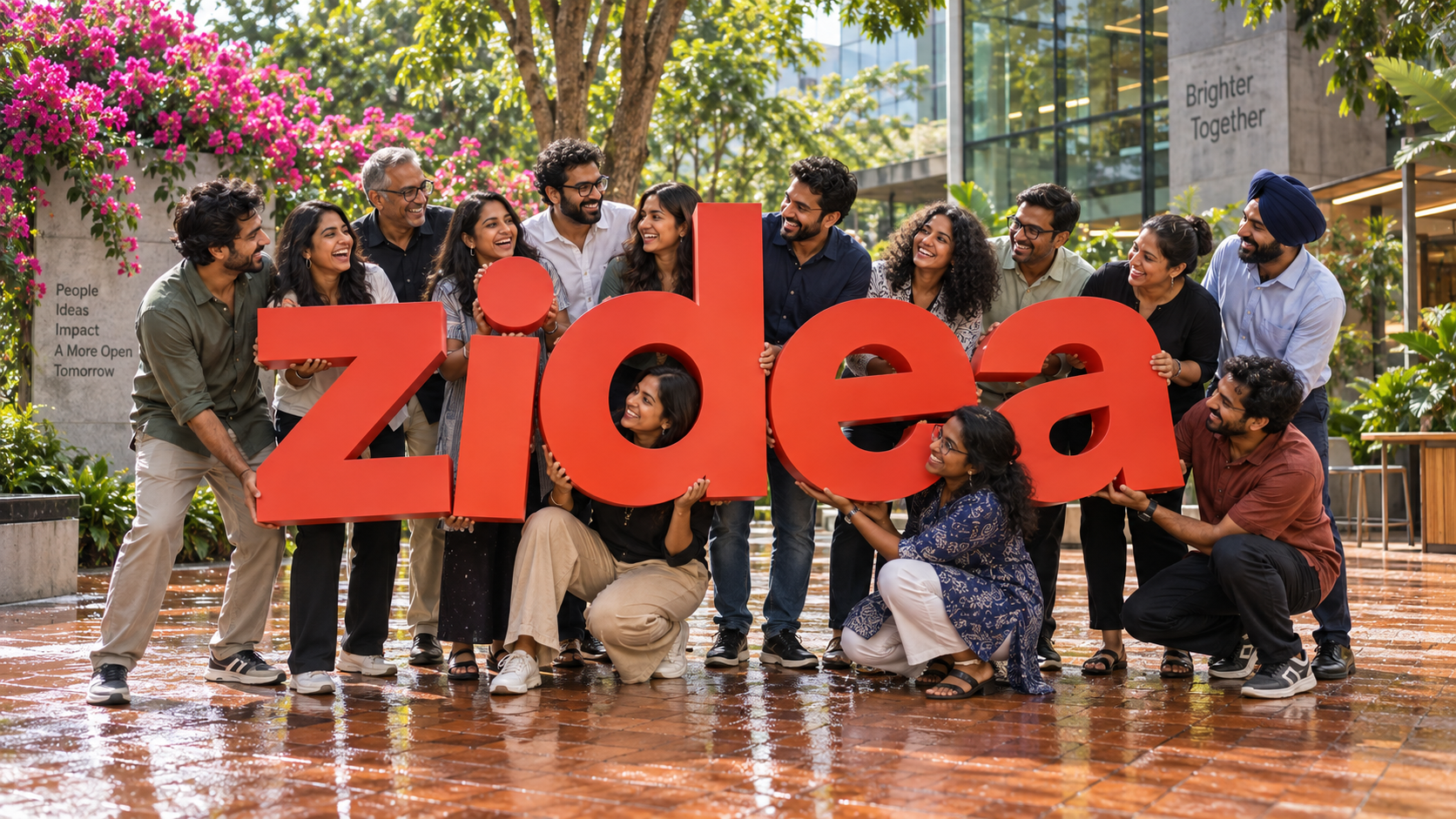 AI-generated fictional office photograph. A large Indian team holds giant orange zidea letters in a leafy Bengaluru courtyard with bougainvillea.