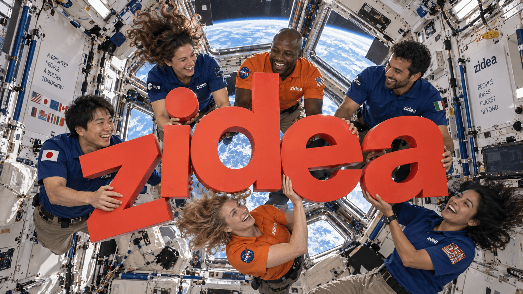 AI-generated fictional office photograph. Astronaut coworkers float at different angles while holding orange zidea letters inside a space station, with Earth outside a window.