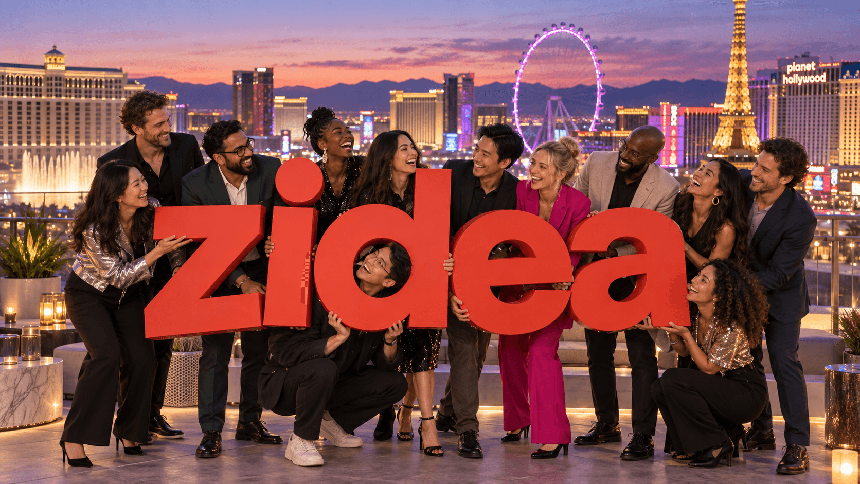 AI-generated fictional office photograph. A large team holds orange zidea letters overlooking the illuminated Las Vegas Strip at twilight.