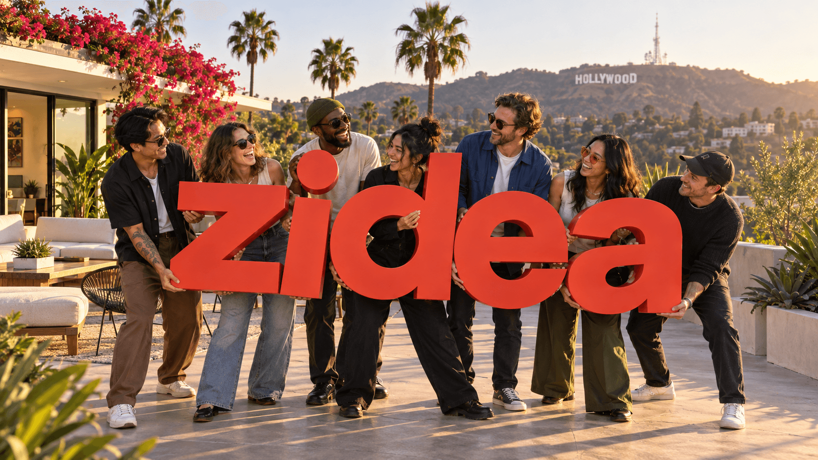 AI-generated fictional office photograph. Coworkers hold orange zidea letters on a sunny Los Angeles terrace with palms and the Hollywood sign.