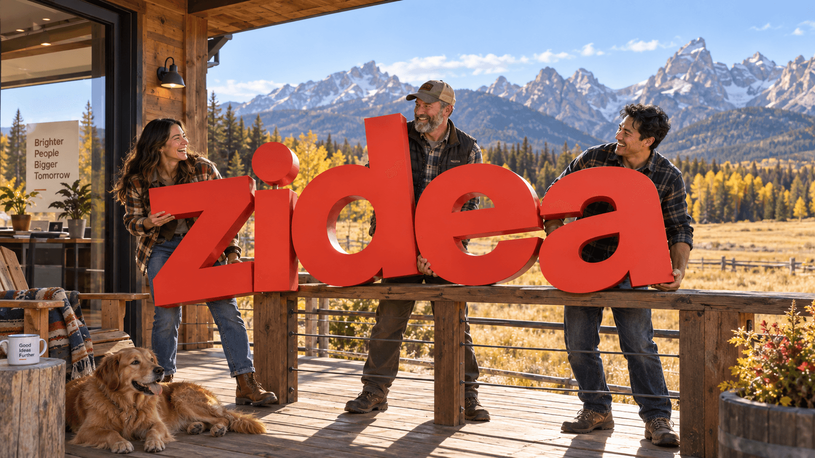AI-generated fictional office photograph. Three coworkers hold an oversized orange zidea logo on a timber porch overlooking a Montana mountain landscape.