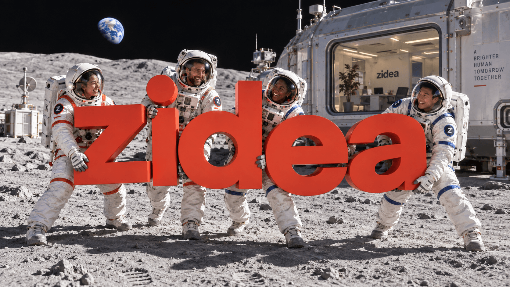 AI-generated fictional office photograph. Four spacesuited coworkers hold orange zidea letters outside a lunar habitat on gray Moon terrain beneath a black sky.