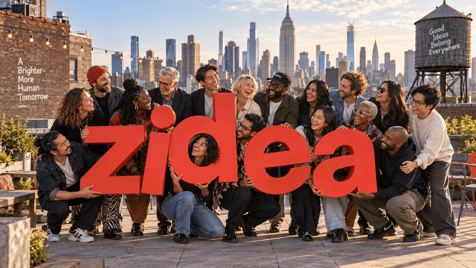 The fictional New York team holding enormous orange Zidea letters on a rooftop.