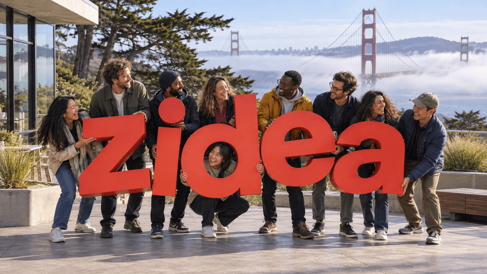 AI-generated fictional office photograph. Coworkers hold orange zidea letters on a terrace overlooking the Golden Gate Bridge and fog.