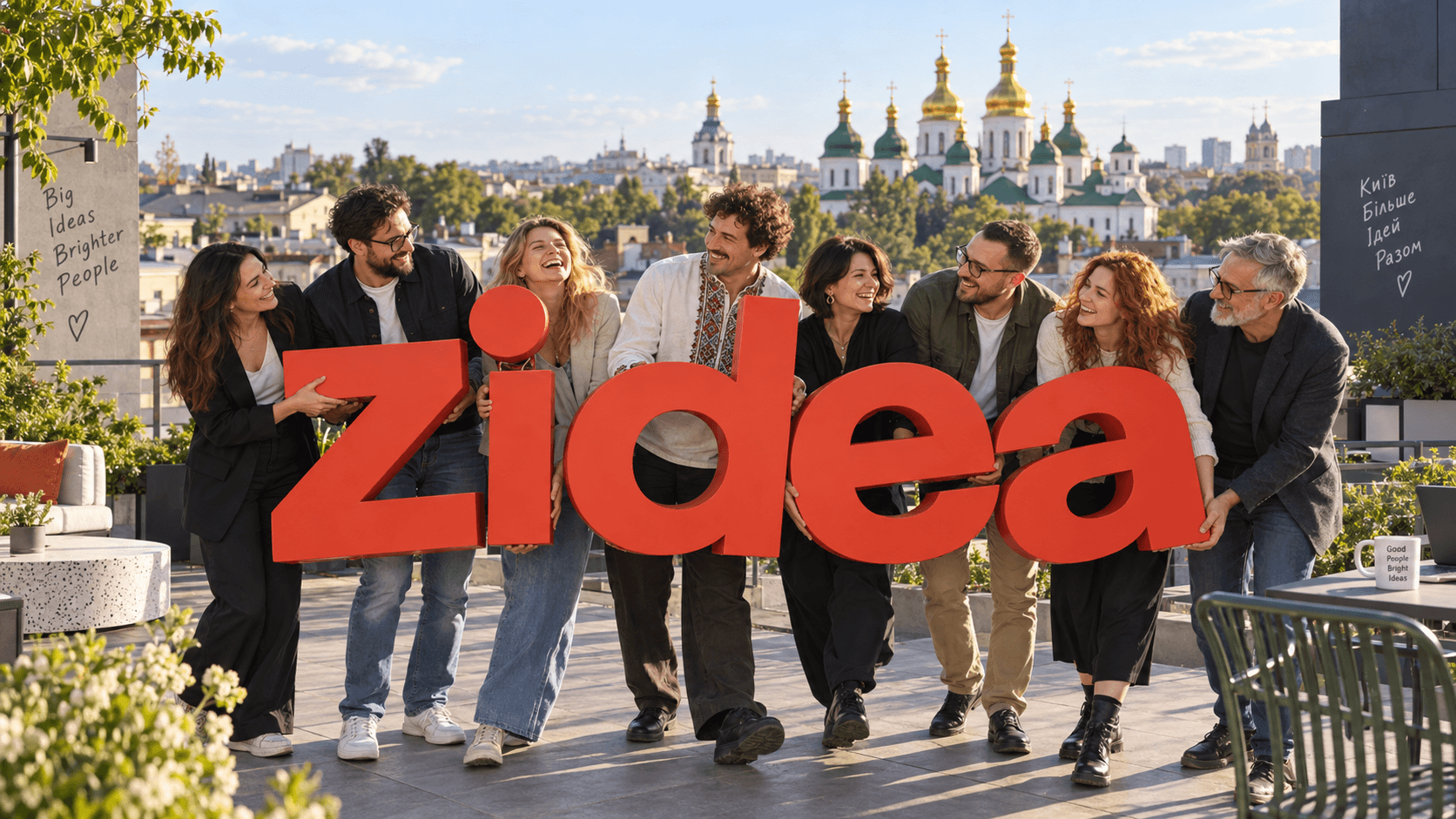 AI-generated fictional office photograph. The Kyiv team holds orange zidea letters on a peaceful rooftop overlooking green roofs and golden cathedral domes.